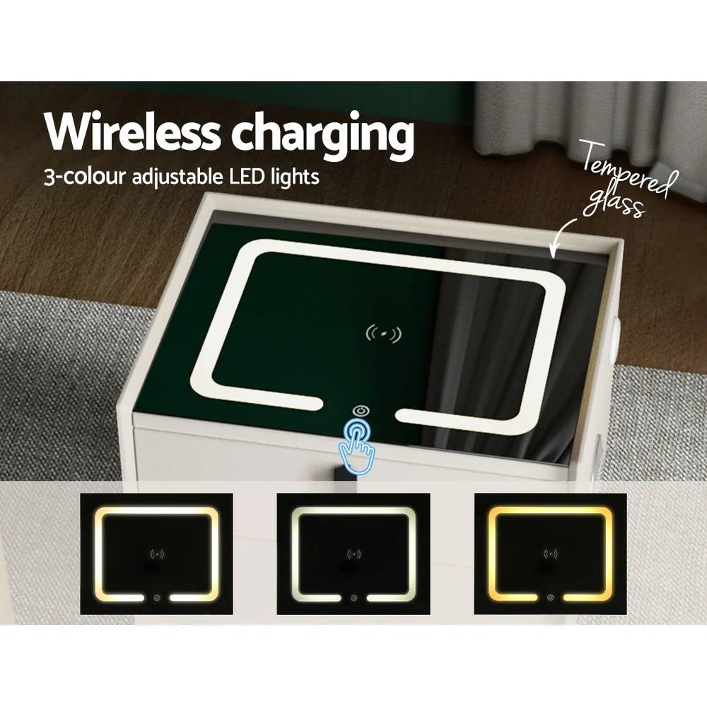 Artiss Smart Bedside Table 2 Drawers with Wireless Charging Ports LED White AIKA - Image 4