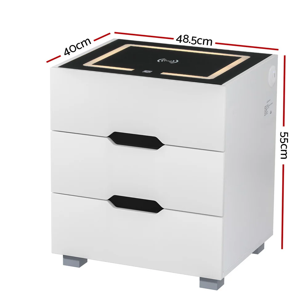 Artiss Smart Bedside Table 3 Drawers with Wireless Charging Ports LED White ADAD - Image 2