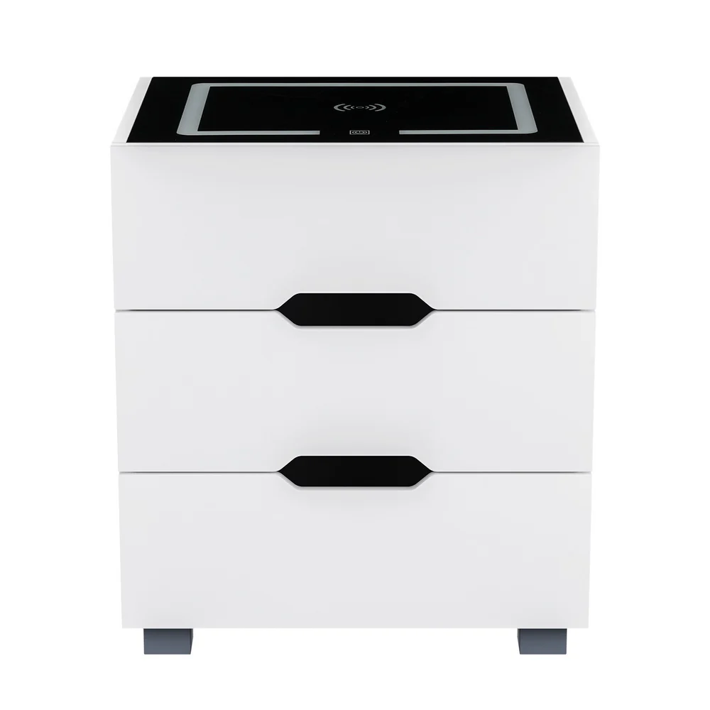 Artiss Smart Bedside Table 3 Drawers with Wireless Charging Ports LED White ADAD - Image 3