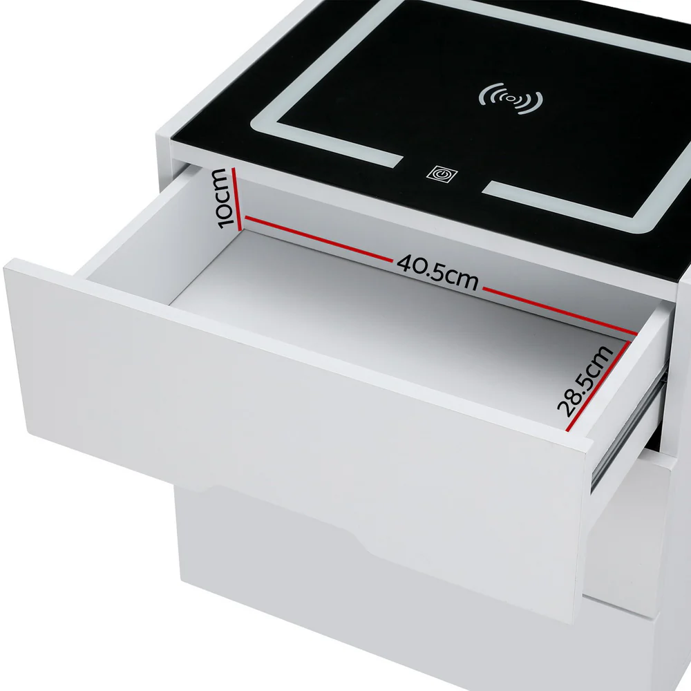 Artiss Smart Bedside Table 3 Drawers with Wireless Charging Ports LED White ADAD - Image 4