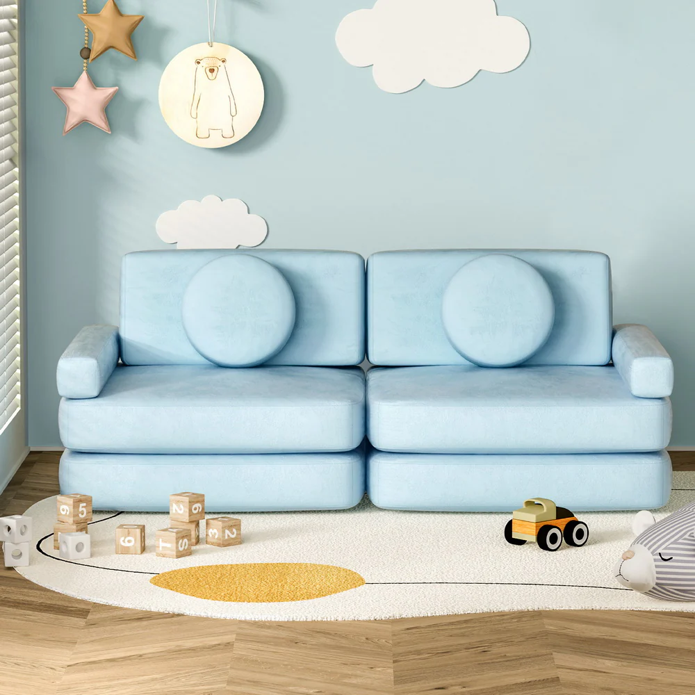 Artiss Sofa Bed 2 Seater Kid DIY Play Couch Velvet Blue - Image 5