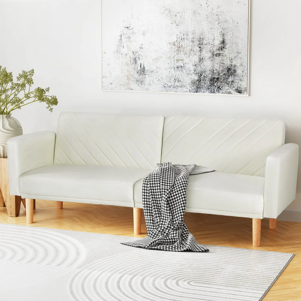 Artiss Sofa Bed 3 Seater Tilted Faux Linen Beige - Image 5