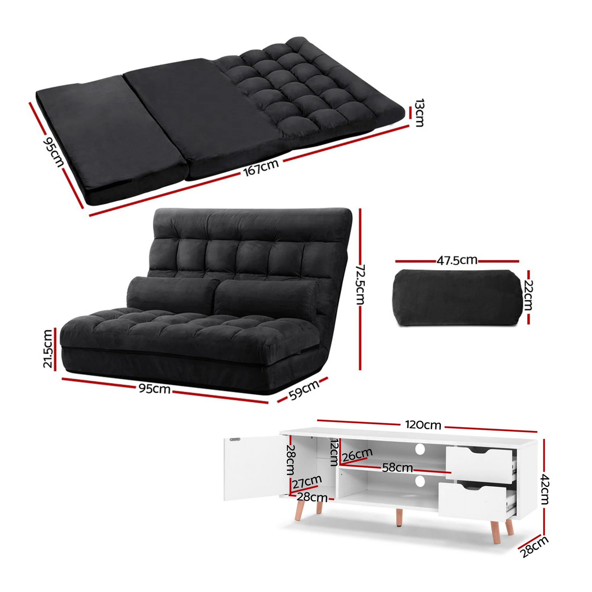 Artiss Sofa Bed Adjustable Floor Chair & TV Unit 120cm Entertainment Cabinet Set - Image 3