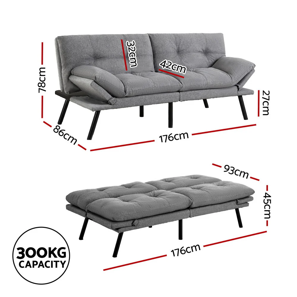 Artiss Sofa Bed Convertible 3 Seater Couch Recliner Lounge Chair Fabric Grey - Image 2