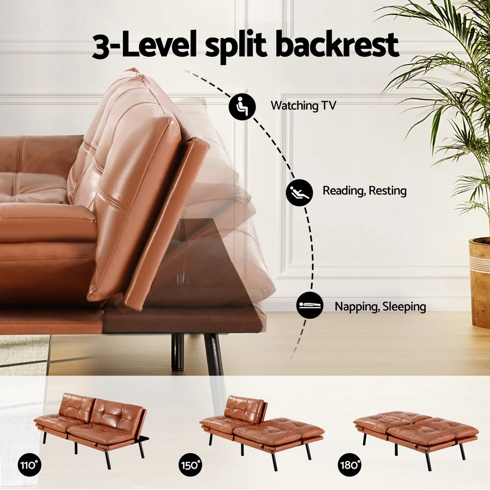 Artiss Sofa Bed Convertible 3 Seater Couch Recliner Lounge Chair Leather Brown - Image 4