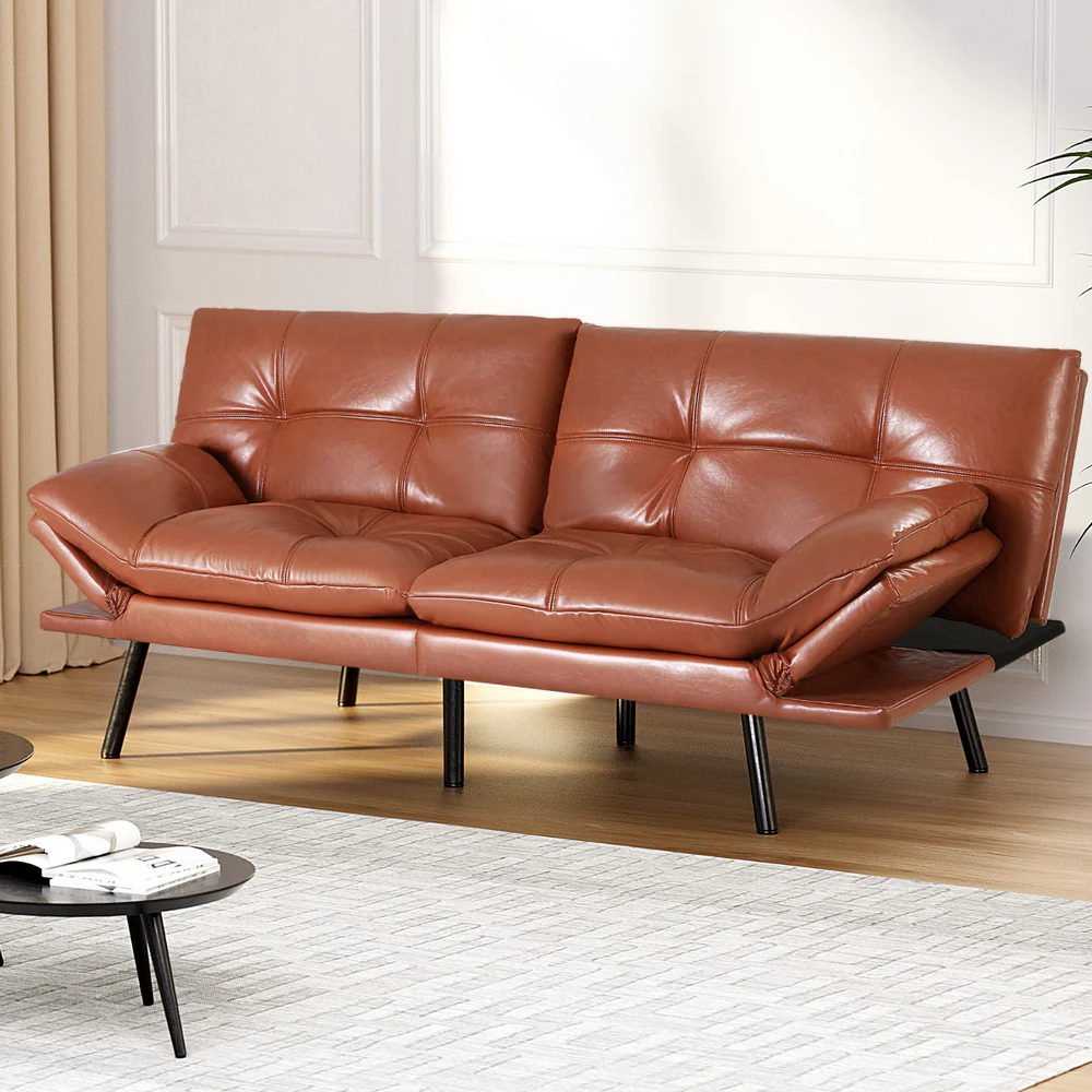 Artiss Sofa Bed Convertible 3 Seater Couch Recliner Lounge Chair Leather Brown - Image 7