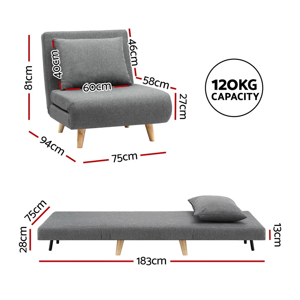 Artiss Sofa Bed Convertible Couch Recliner Lounge Chair Linen Grey - Image 2