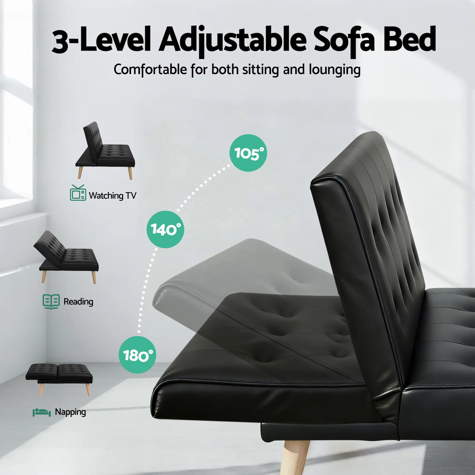 Artiss Sofa Bed Couch 2 Seater Lounge Fabric Black - Image 6