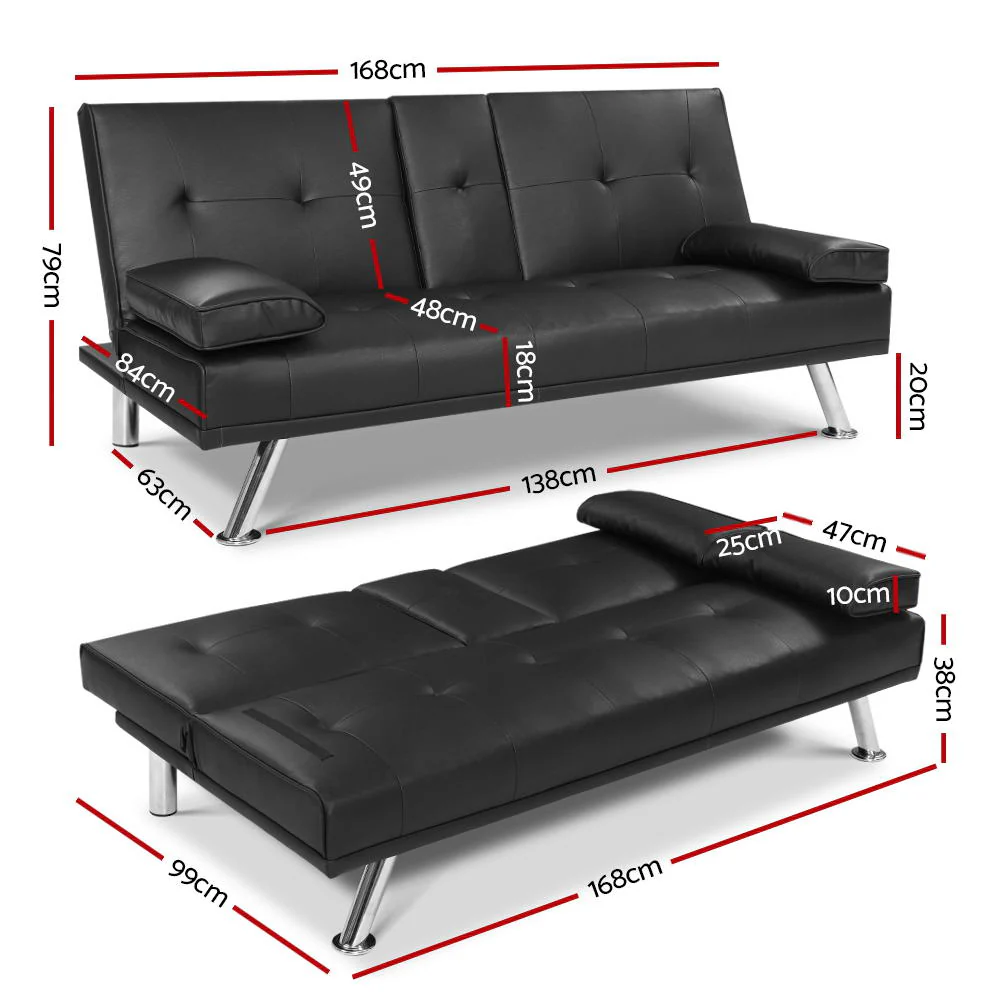 Artiss Sofa Bed 168CM Black PU Leather - Image 7