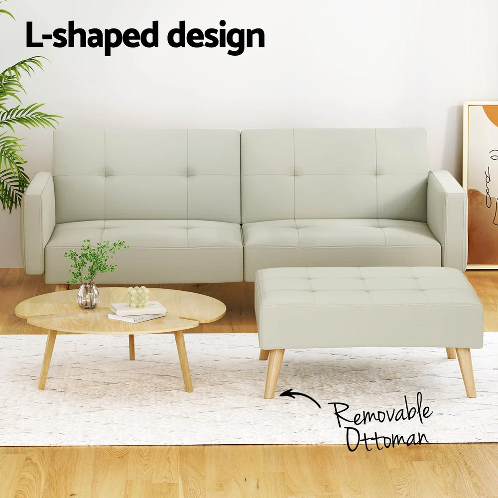 Artiss Sofa Bed Ottoman 3 Seater Beige Faux Linen - Image 5
