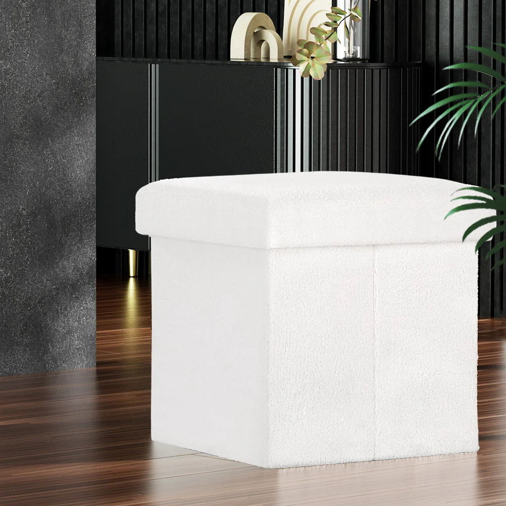 Artiss Ottoman Storage Foot Stool Square Teddy Fabric White - Image 7