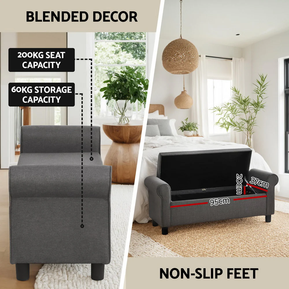 Artiss Storage Ottoman Blanket Box 125cm Arm Linen Grey - Image 4