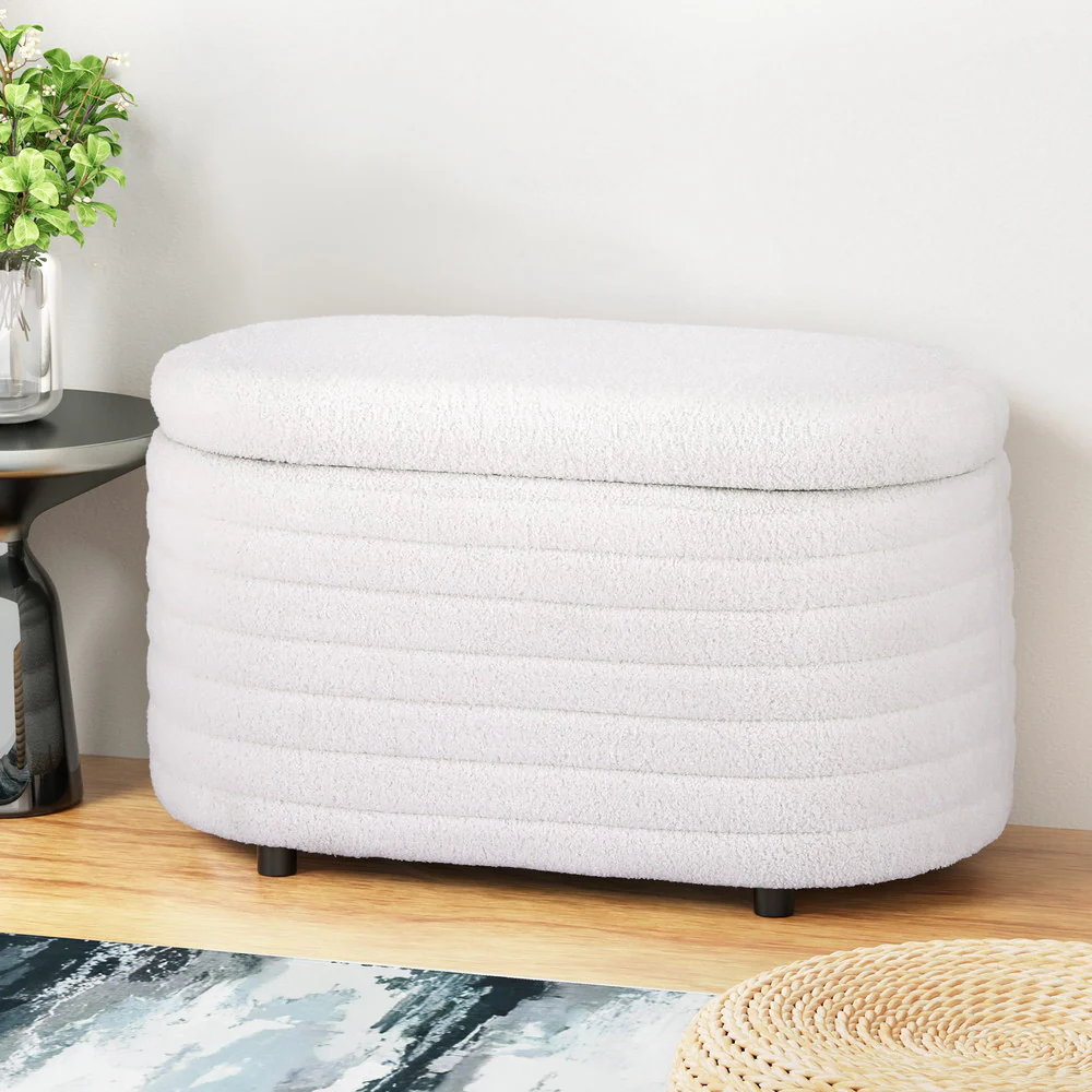 Artiss Storage Ottoman Blanket Box 87cm Boucle Fabric Oval - Image 2
