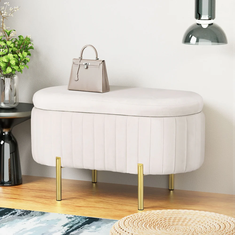 Artiss Storage Ottoman Blanket Box 87cm Velvet Oval White - Image 2