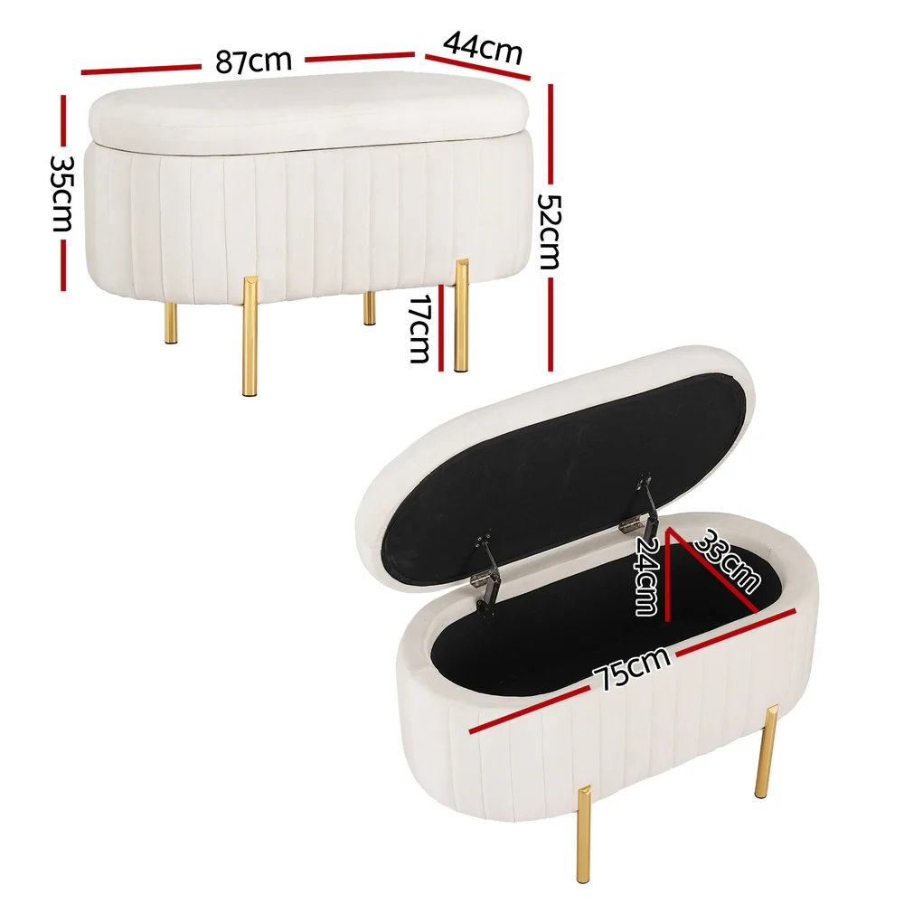 Artiss Storage Ottoman Blanket Box 87cm Velvet Oval White - Image 3