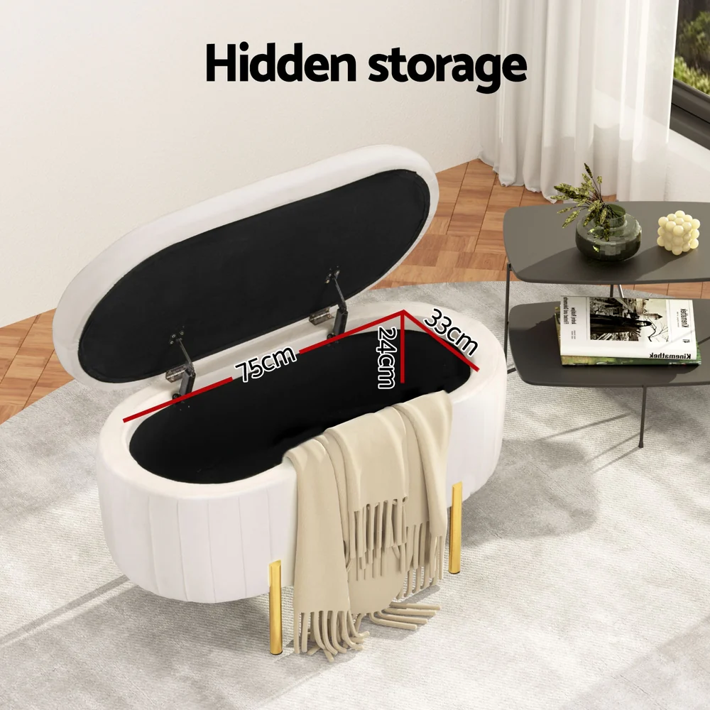 Artiss Storage Ottoman Blanket Box 87cm Velvet Oval White - Image 6