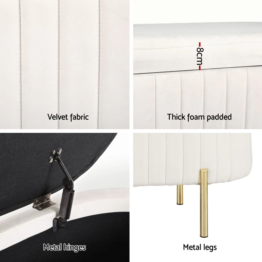 Artiss Storage Ottoman Blanket Box 87cm Velvet Oval White - Image 7
