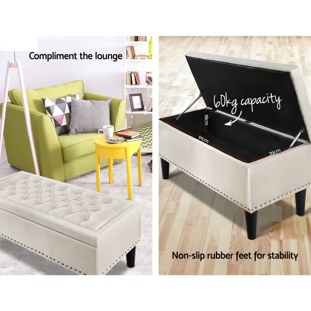 Artiss Storage Ottoman Blanket Box 96cm Linen Taupe - Image 5