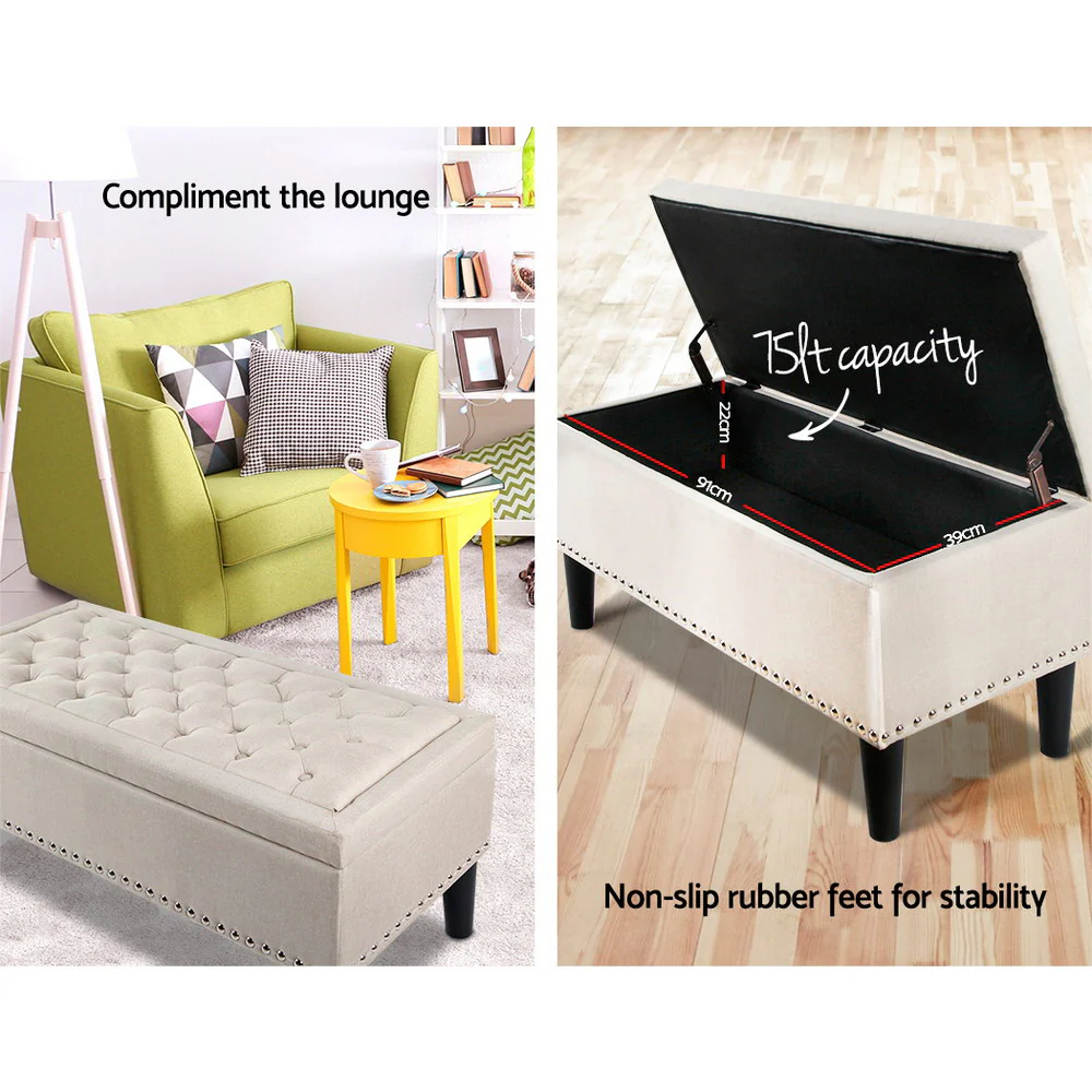 Artiss Storage Ottoman Blanket Box 96cm Linen Taupe - Image 4