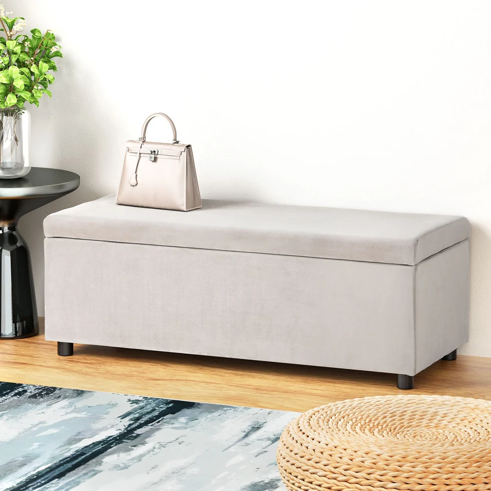 Artiss Storage Ottoman Blanket Box Table 97cm Velvet Taupe - Image 2