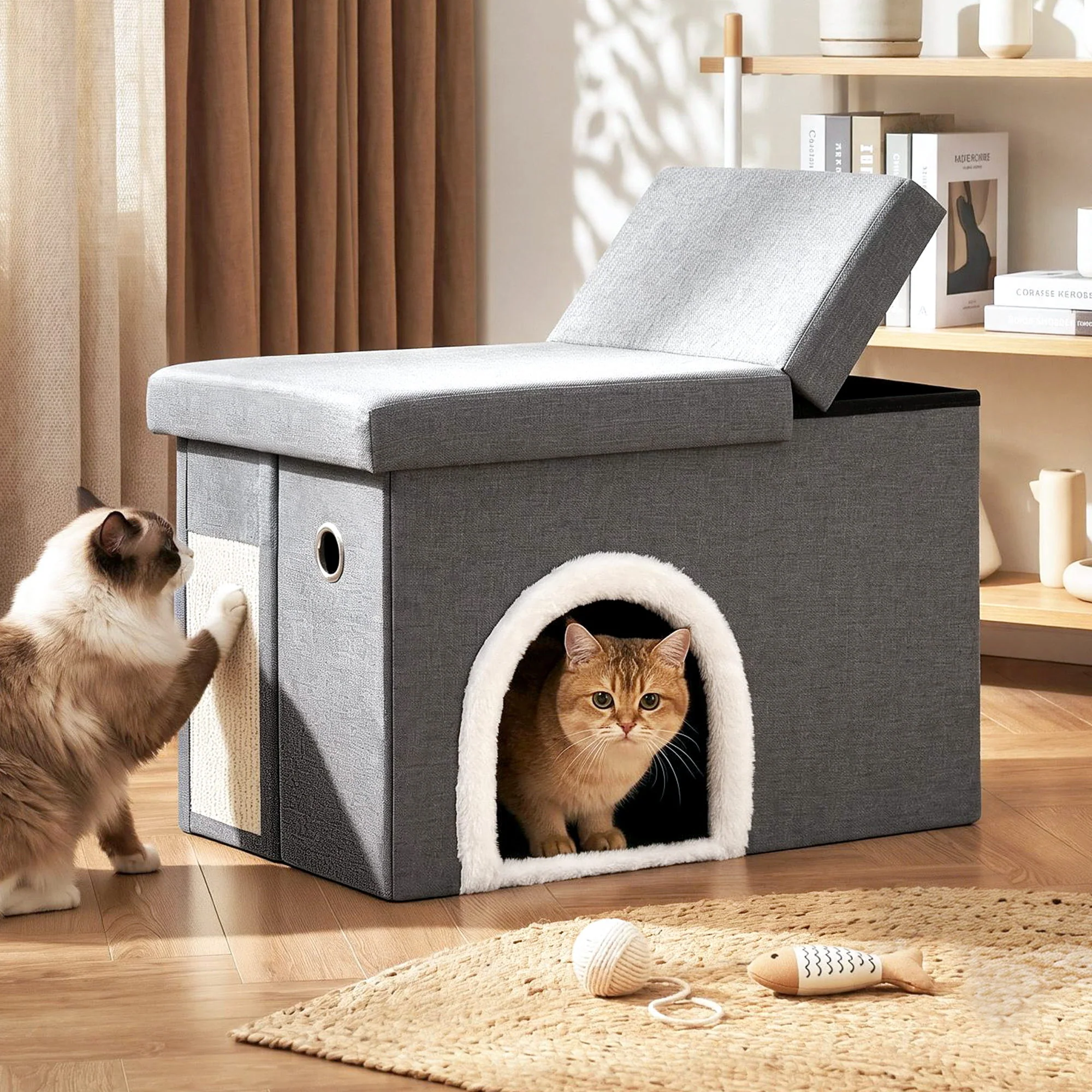 Artiss Storage Ottoman Foot Stool Cat Litter Box Enclosure, Multi-Functional Bench Design with Cat Hole Scratcher Foldable Grey