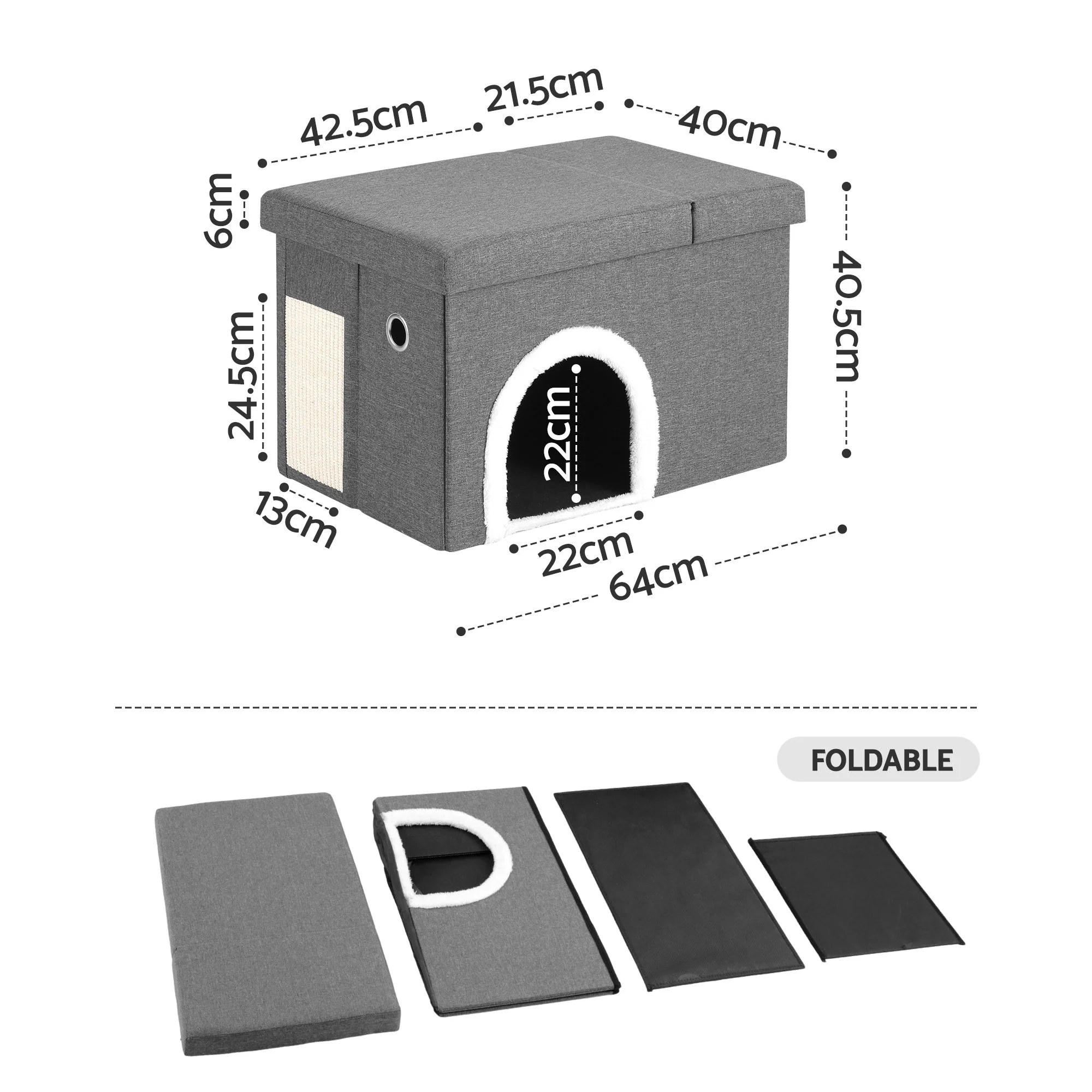 Artiss Storage Ottoman Foot Stool Cat Litter Box Enclosure, Multi-Functional Bench Design with Cat Hole Scratcher Foldable Grey - Image 3