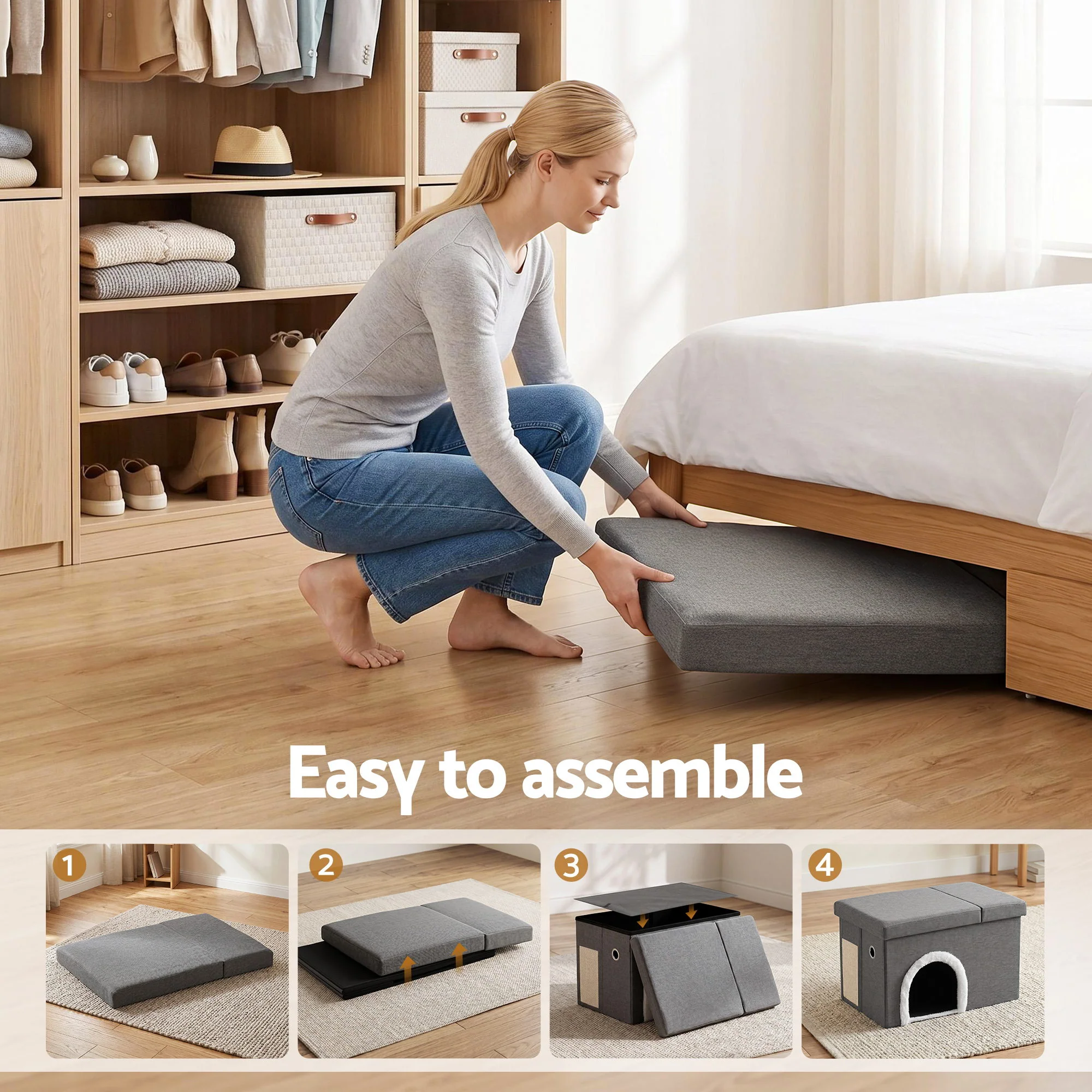 Artiss Storage Ottoman Foot Stool Cat Litter Box Enclosure, Multi-Functional Bench Design with Cat Hole Scratcher Foldable Grey - Image 5