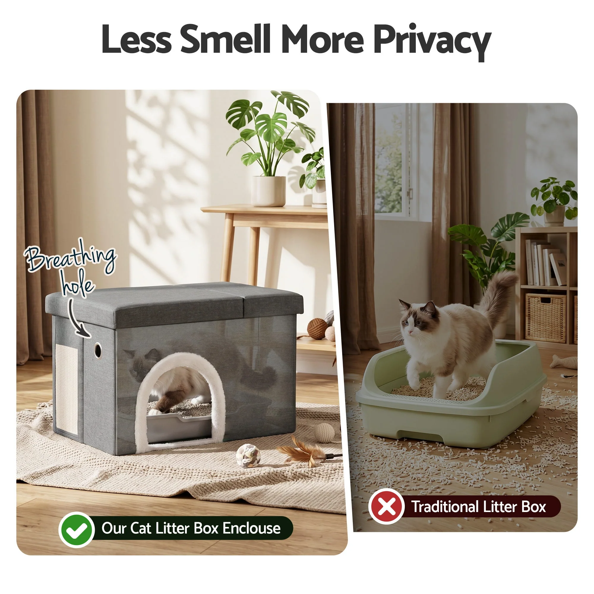 Artiss Storage Ottoman Foot Stool Cat Litter Box Enclosure, Multi-Functional Bench Design with Cat Hole Scratcher Foldable Grey - Image 6