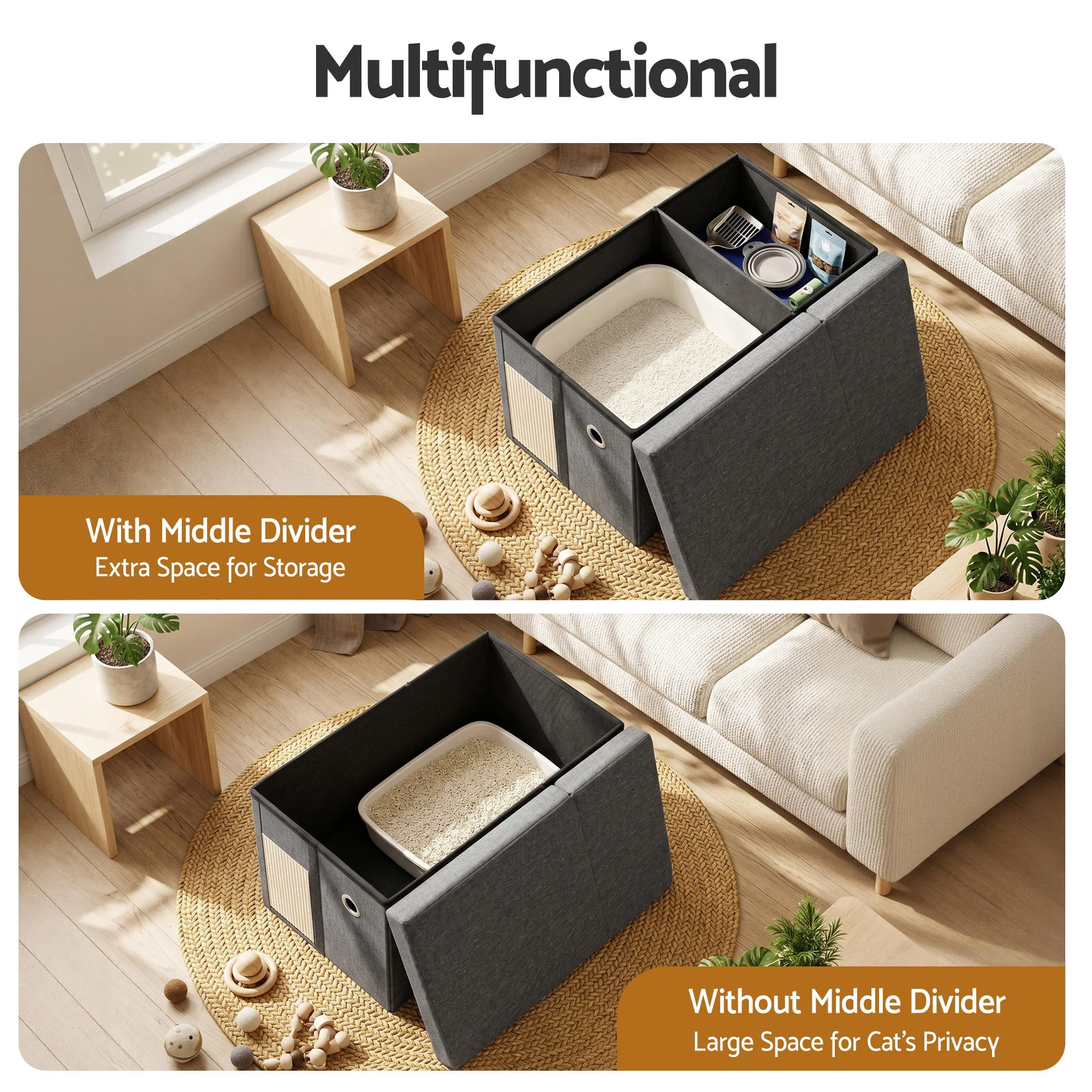Artiss Storage Ottoman Foot Stool Cat Litter Box Enclosure, Multi-Functional Bench Design with Cat Hole Scratcher Foldable Grey - Image 7