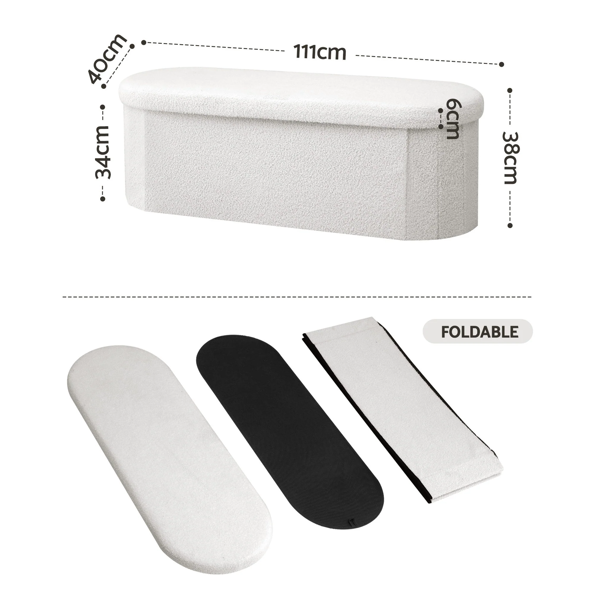 Artiss Storage Ottoman Foot Stool Rest Boucle Fabric Foldable White - Image 3