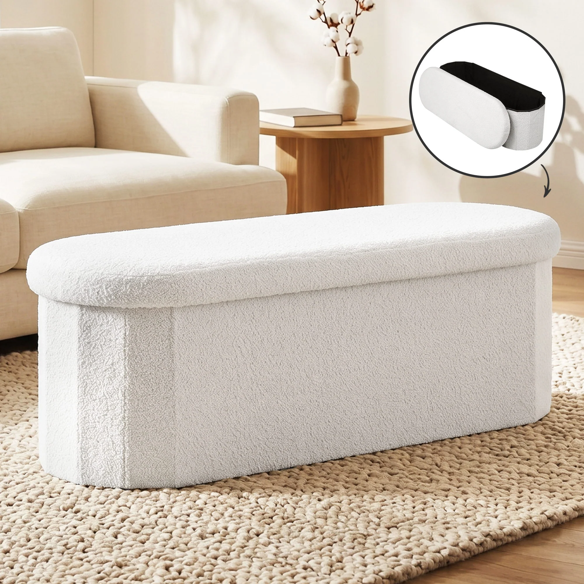 Artiss Storage Ottoman Foot Stool Rest, Folding Boucle Fabric Footstool for Living Room Bedroom 150KG, 111CM White