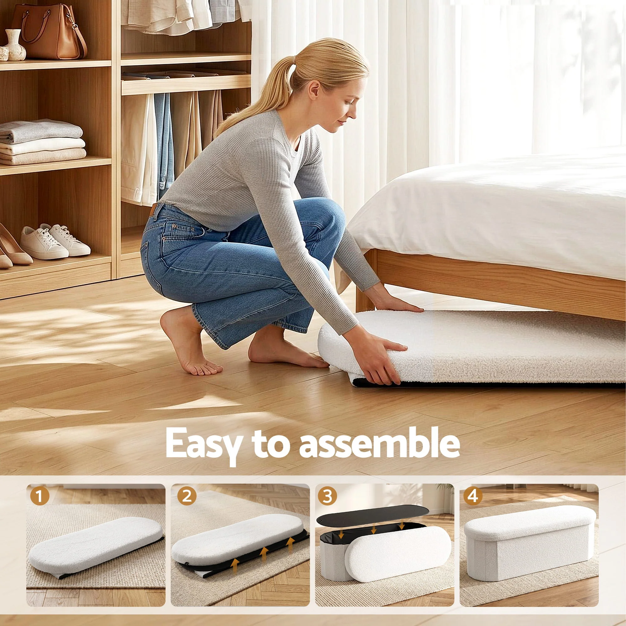 Artiss Storage Ottoman Foot Stool Rest, Folding Boucle Fabric Footstool for Living Room Bedroom 150KG, 111CM White - Image 5
