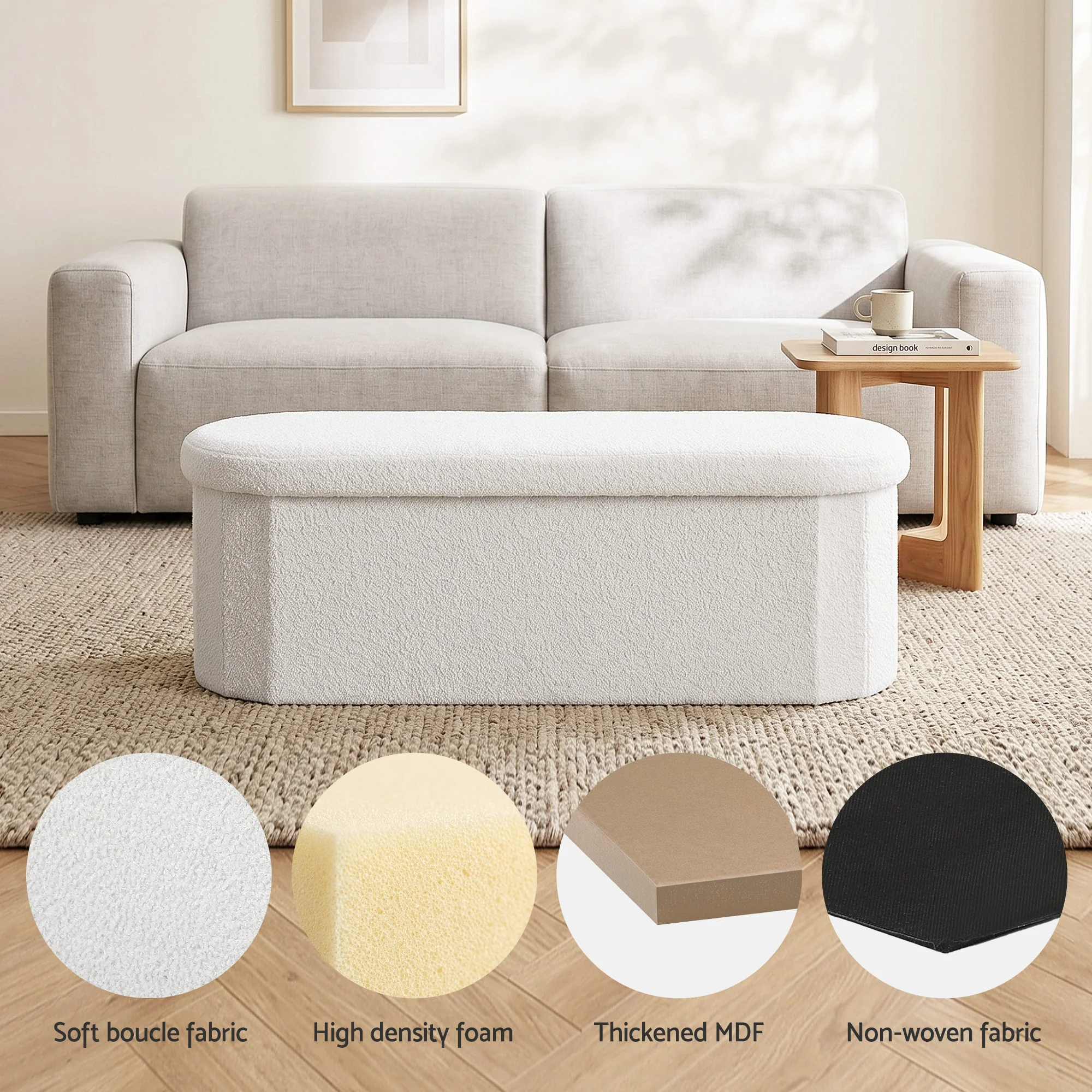 Artiss Storage Ottoman Foot Stool Rest, Folding Boucle Fabric Footstool for Living Room Bedroom 150KG, 111CM White - Image 6