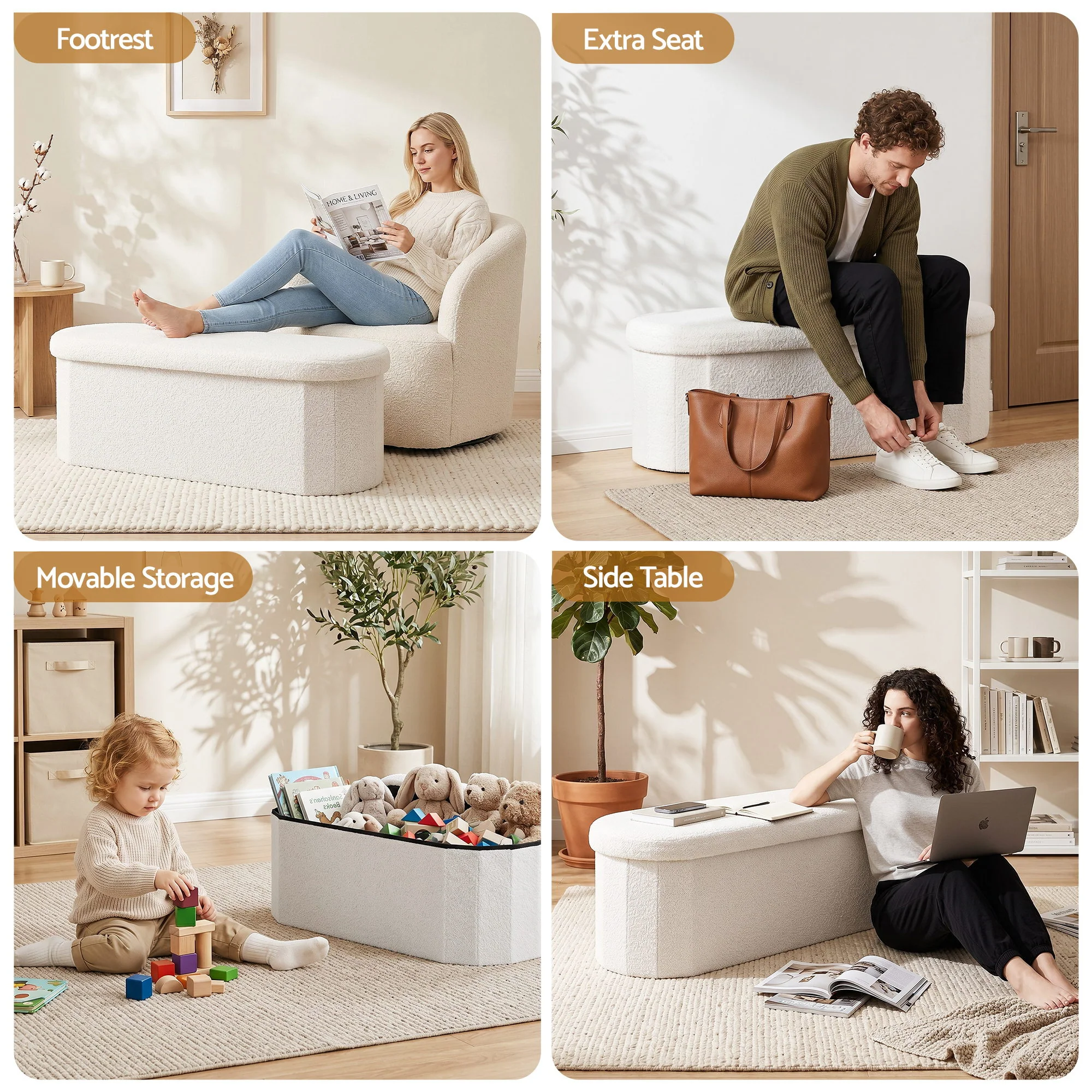 Artiss Storage Ottoman Foot Stool Rest, Folding Boucle Fabric Footstool for Living Room Bedroom 150KG, 111CM White - Image 7