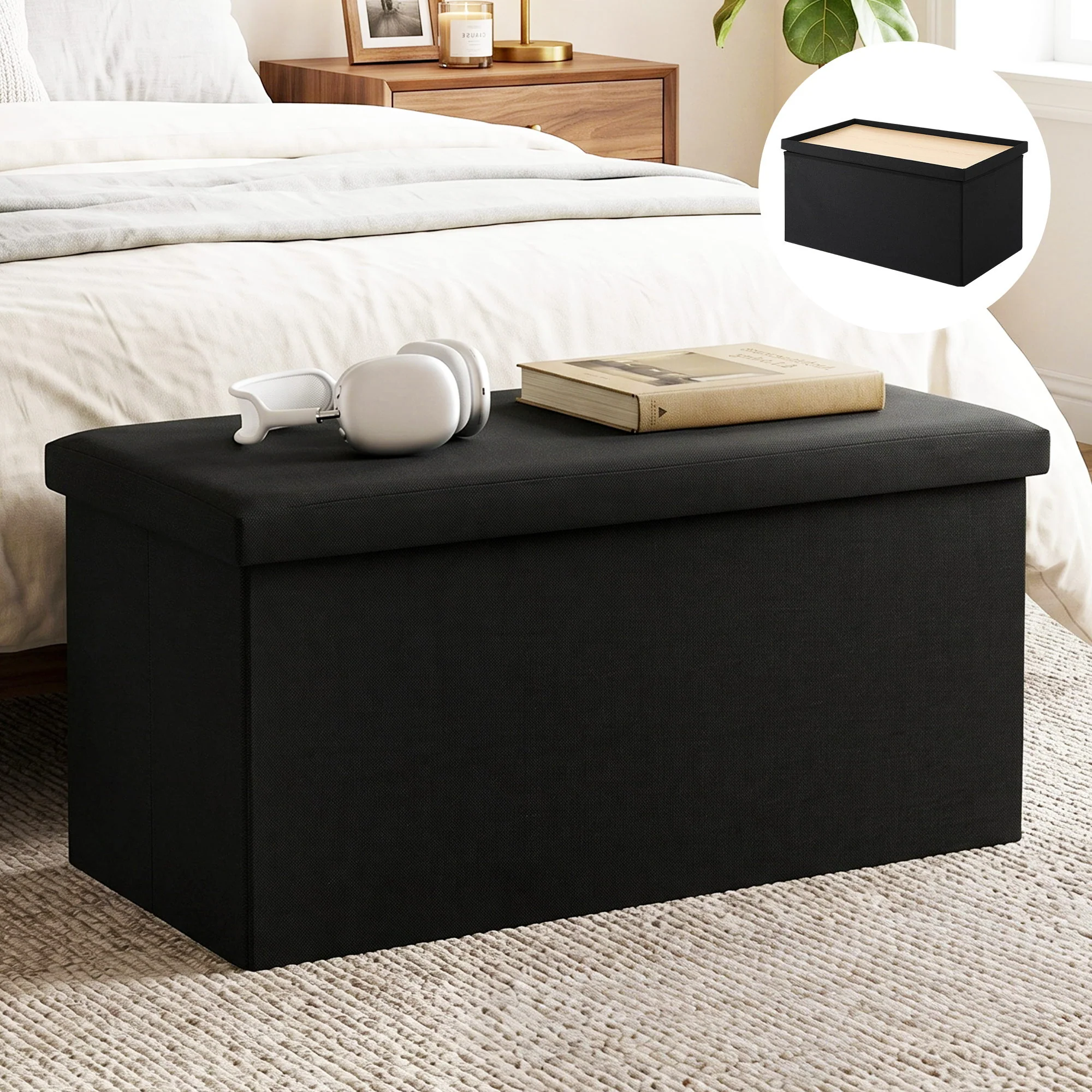 Artiss Storage Ottoman Foot Stool Rest, Folding Faux Linen Fabric Footstool Bench with Foam, Foot Stool Ottoman with Storage for Living Room Bedroom 150KG, Black