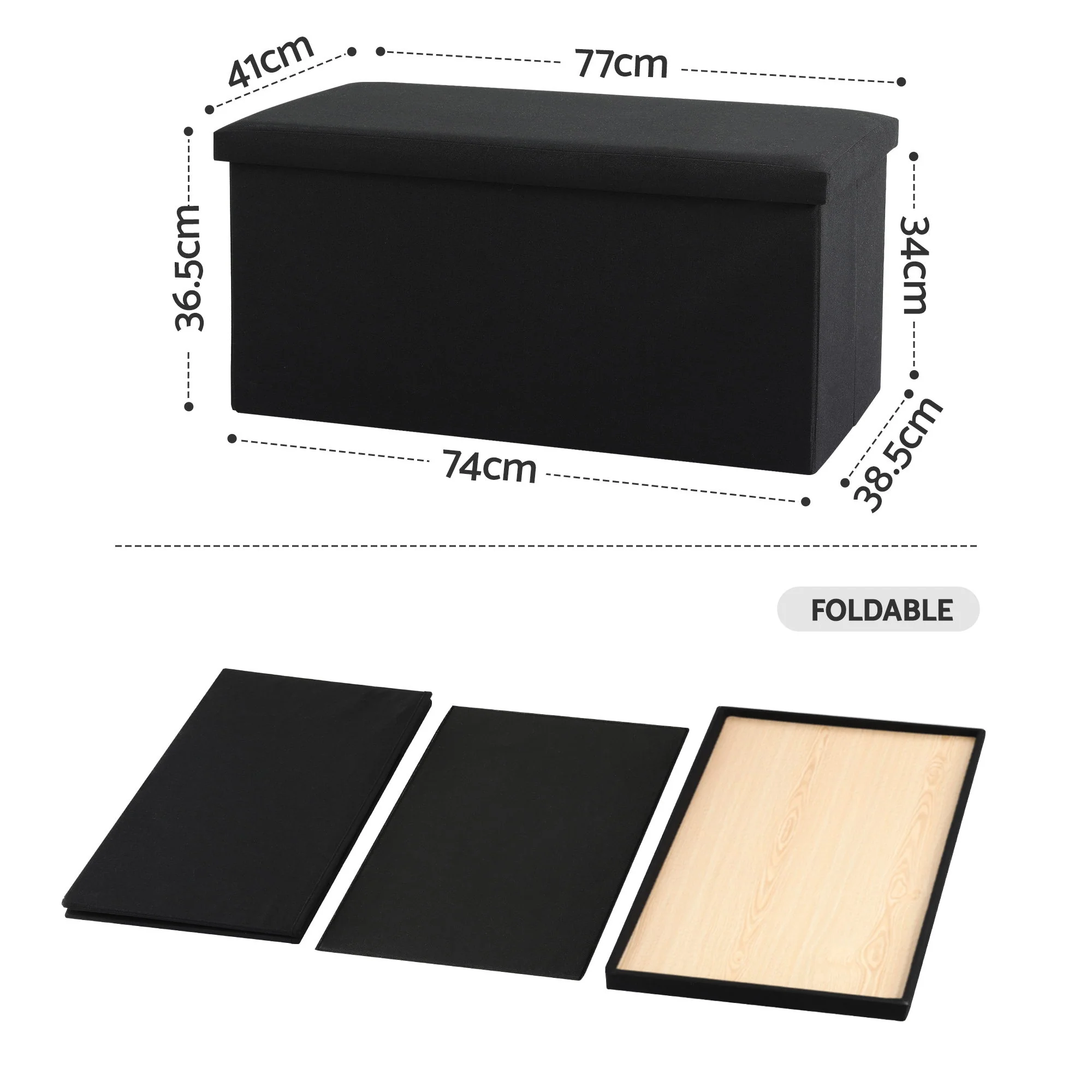 Artiss Storage Ottoman Foot Stool Rest, Folding Faux Linen Fabric Footstool Bench with Foam, Foot Stool Ottoman with Storage for Living Room Bedroom 150KG, Black - Image 3