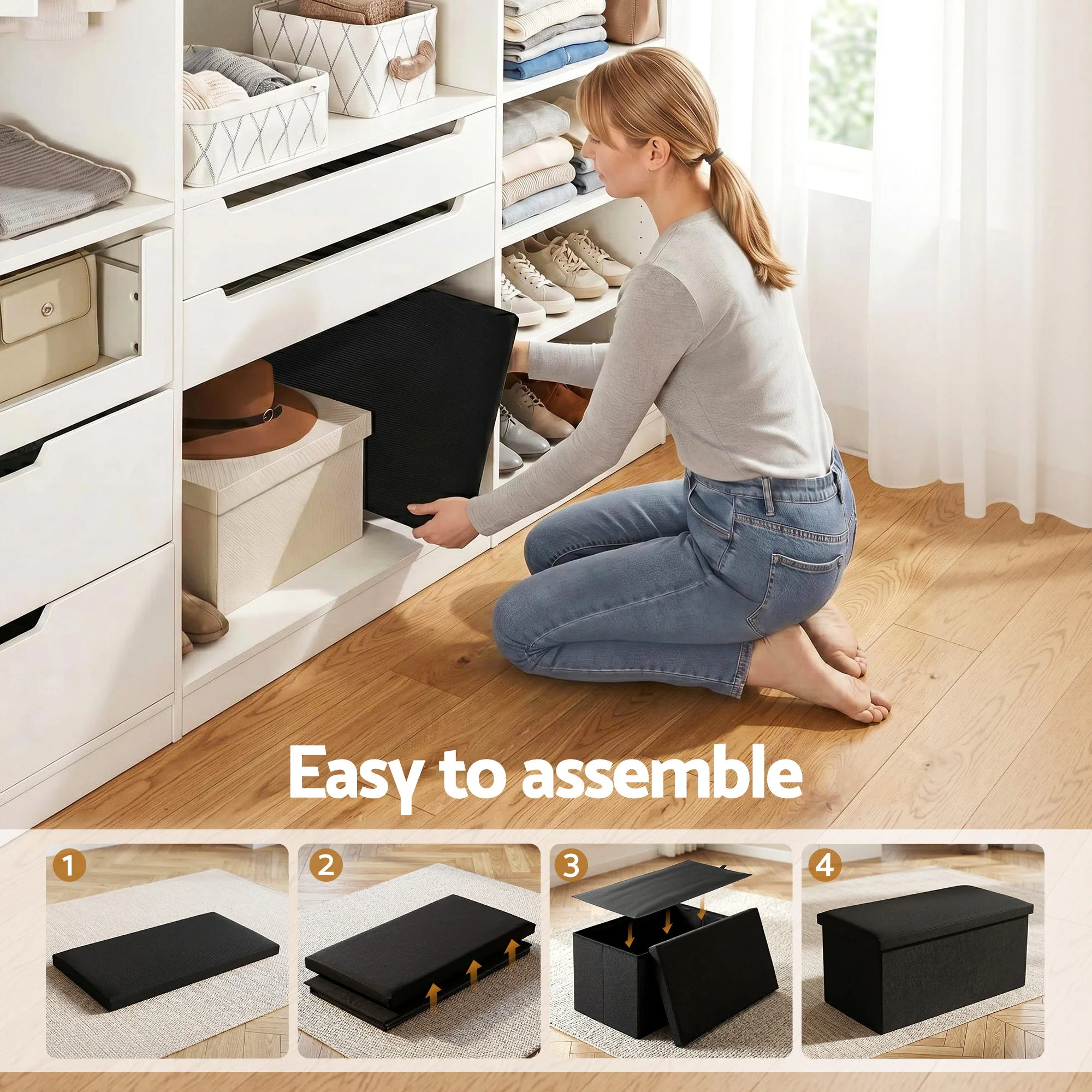 Artiss Storage Ottoman Foot Stool Rest, Folding Faux Linen Fabric Footstool Bench with Foam, Foot Stool Ottoman with Storage for Living Room Bedroom 150KG, Black - Image 5
