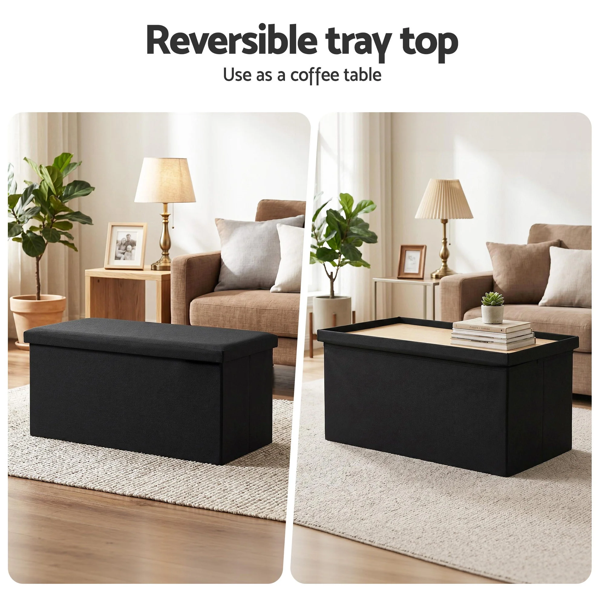 Artiss Storage Ottoman Foot Stool Rest, Folding Faux Linen Fabric Footstool Bench with Foam, Foot Stool Ottoman with Storage for Living Room Bedroom 150KG, Black - Image 6