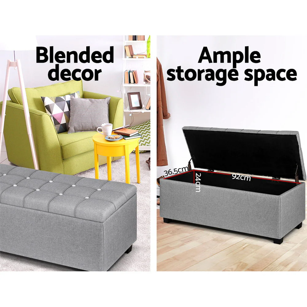 Artiss Storage Ottoman Blanket Box 97cm Button Linen Grey - Image 4