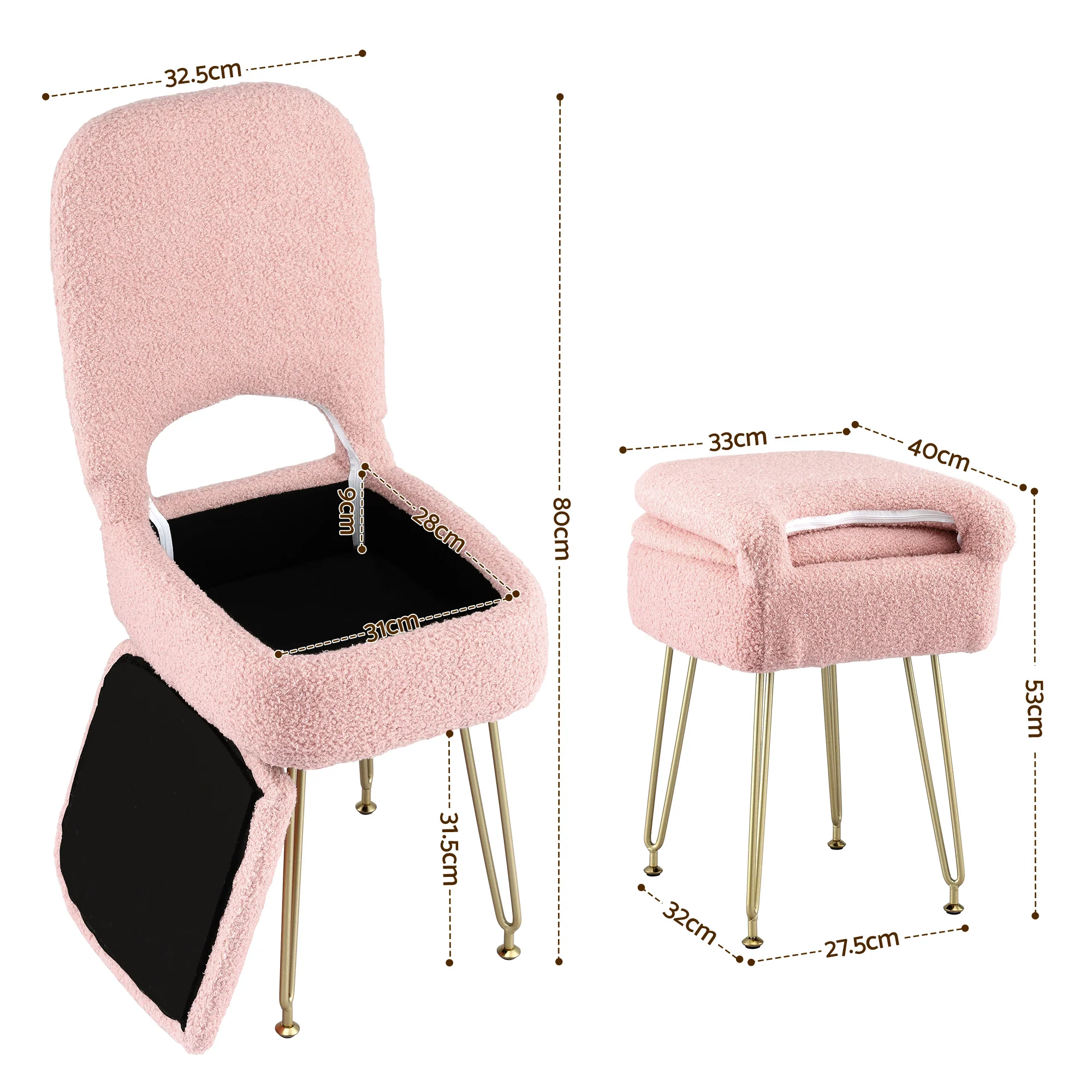 Artiss Storage Ottoman Vanity Stool Foot Stool Folding Back Pink - Image 3