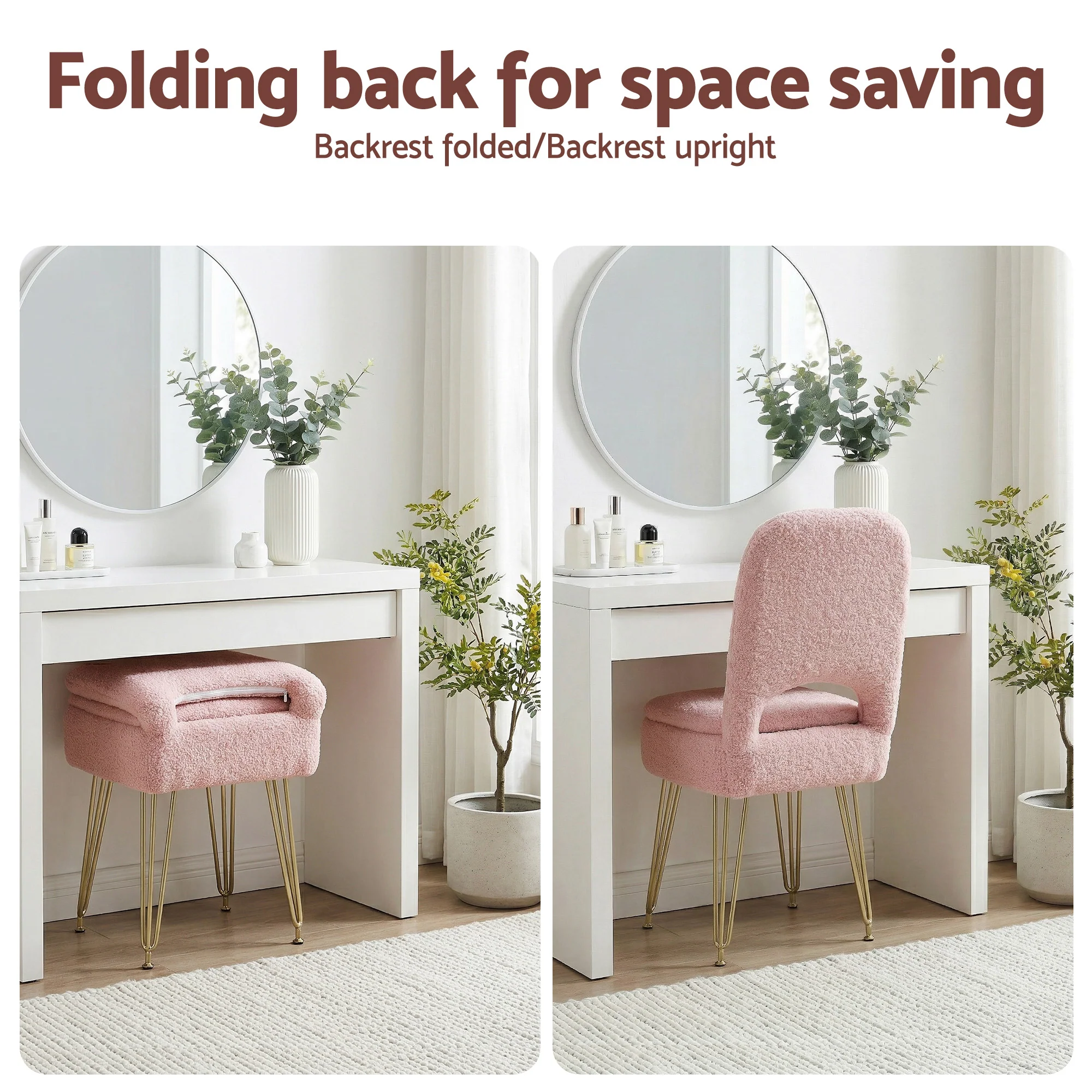 Artiss Storage Ottoman Vanity Stool Foot Stool Folding Back Pink - Image 5