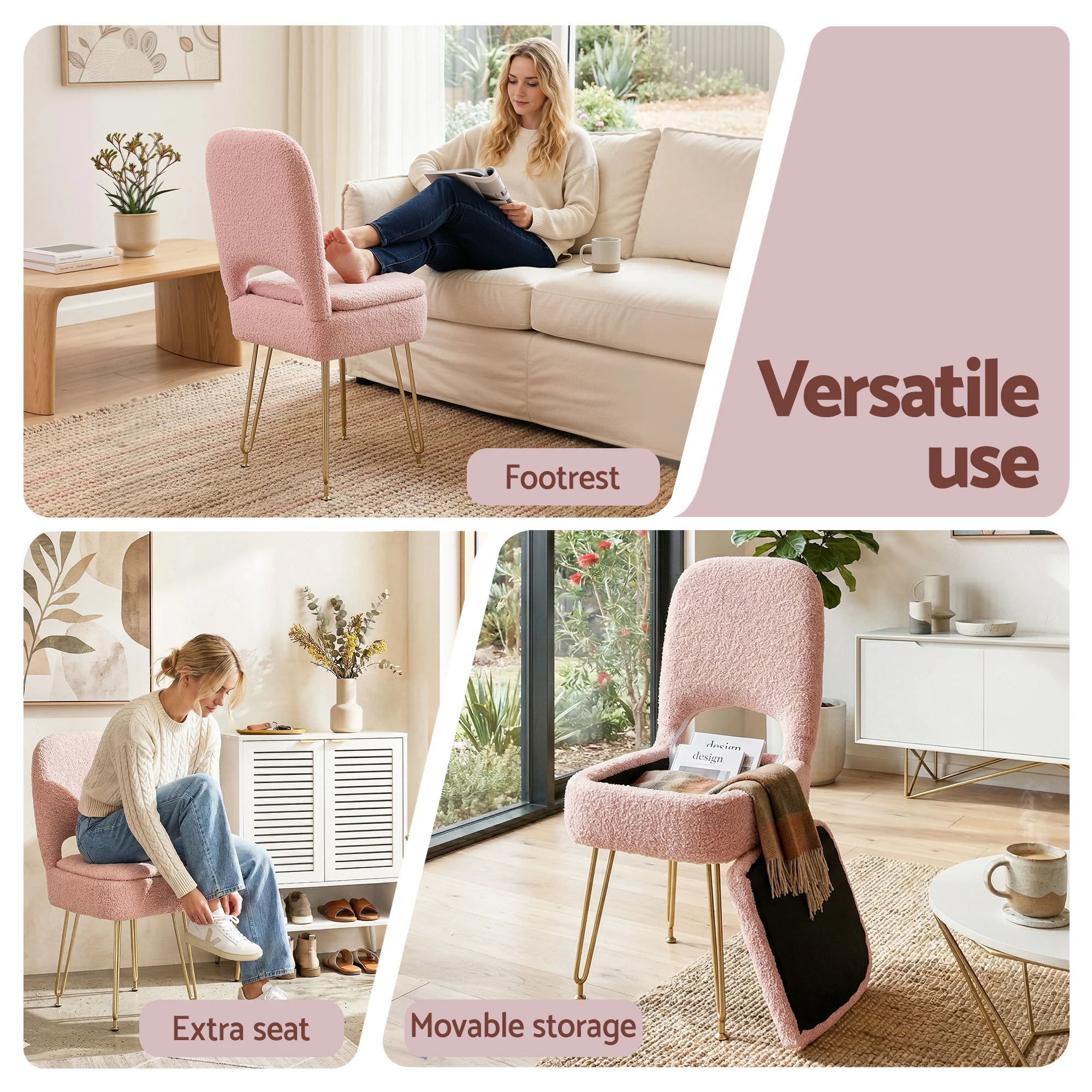 Artiss Storage Ottoman Vanity Stool Foot Stool Folding Back Pink - Image 8