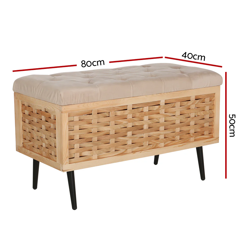 Artiss Storage Ottoman Blanket Box 80cm Weaved Velvet Pine - Image 2