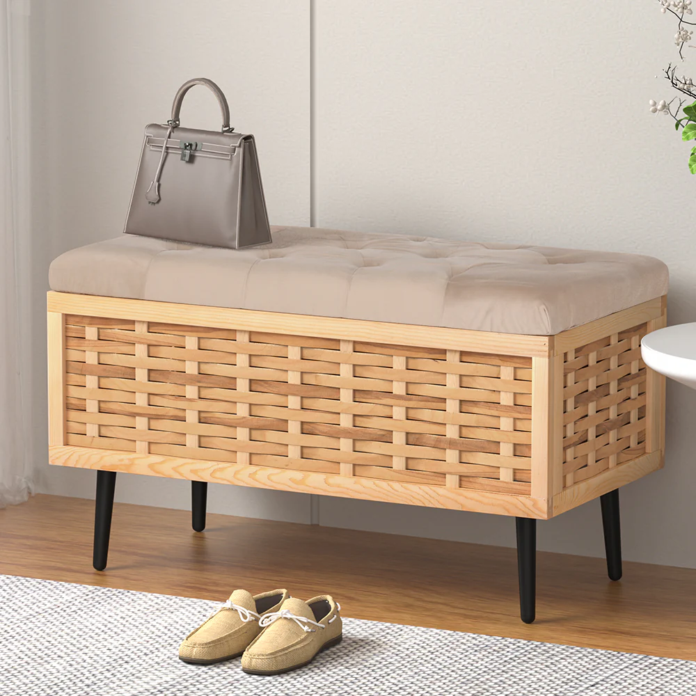 Artiss Storage Ottoman Blanket Box 80cm Weaved Velvet Pine - Image 5