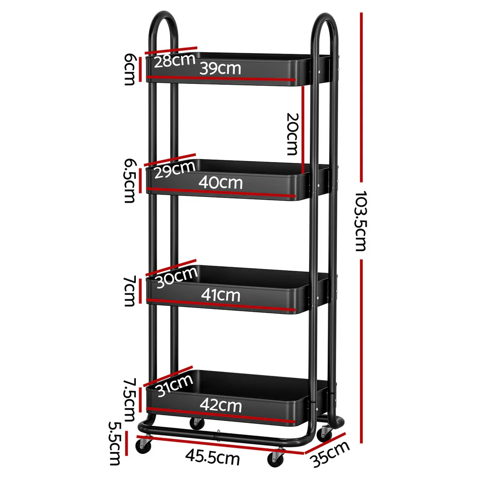 Artiss Storage Trolley Kitchen Cart 4 Tiers Black - Image 2