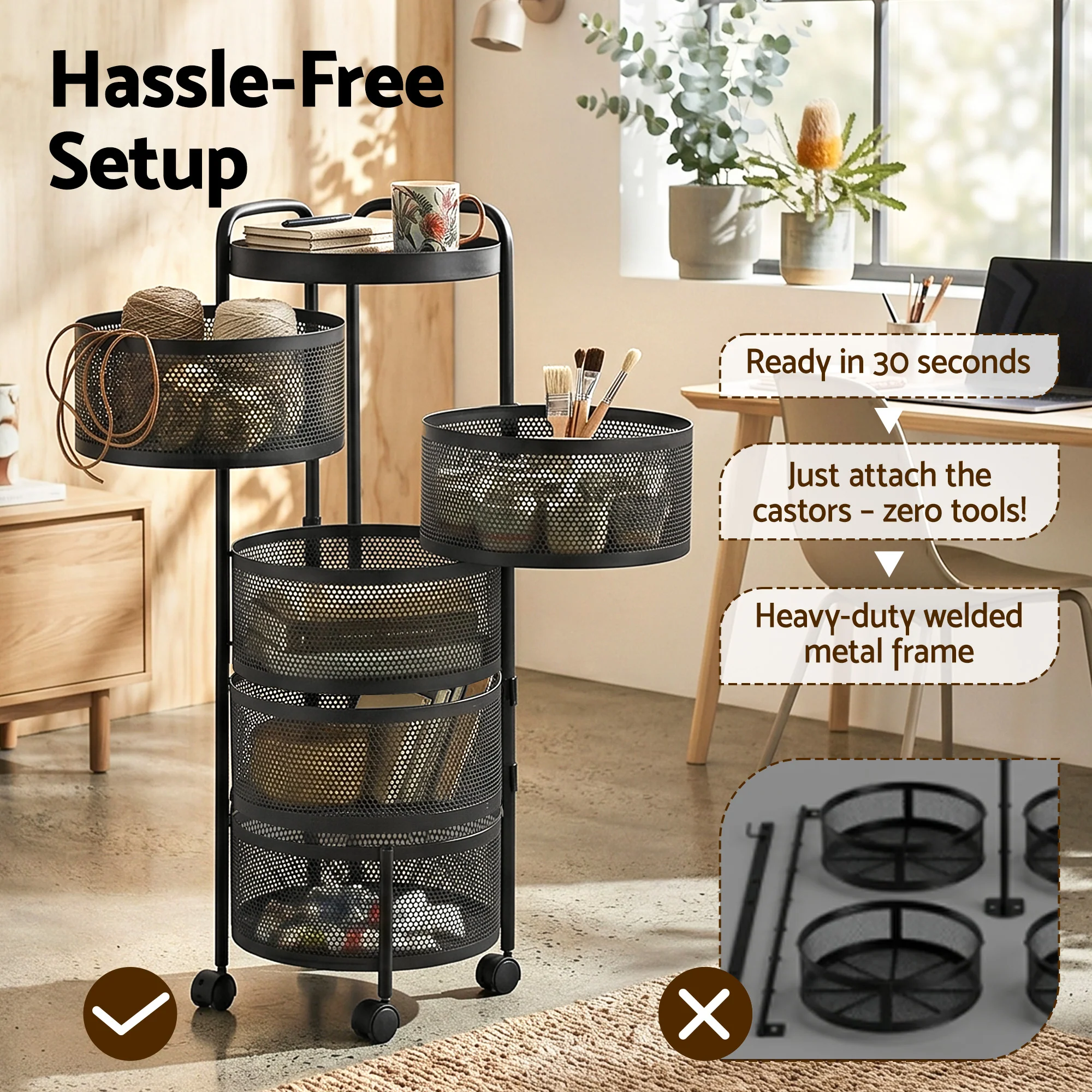 Artiss Storage Trolley Kitchen Cart 5 Tiers Storage Rack Round Basket Black - Image 7