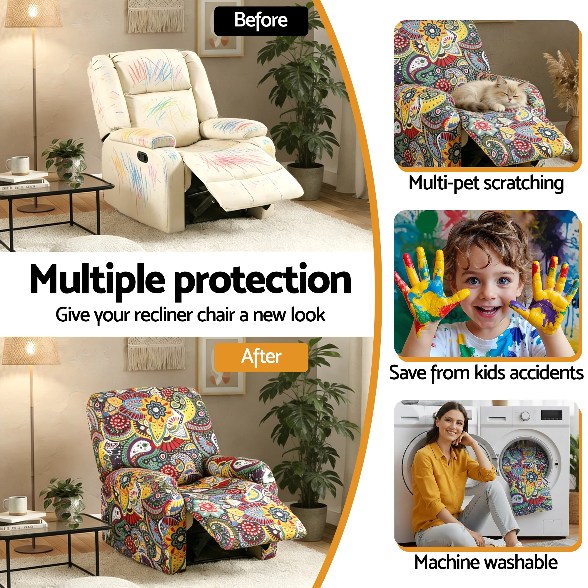 Artiss Stretch Kids Recliner Cover 4-Pieces Slipcovers Printed Polyester - Image 7