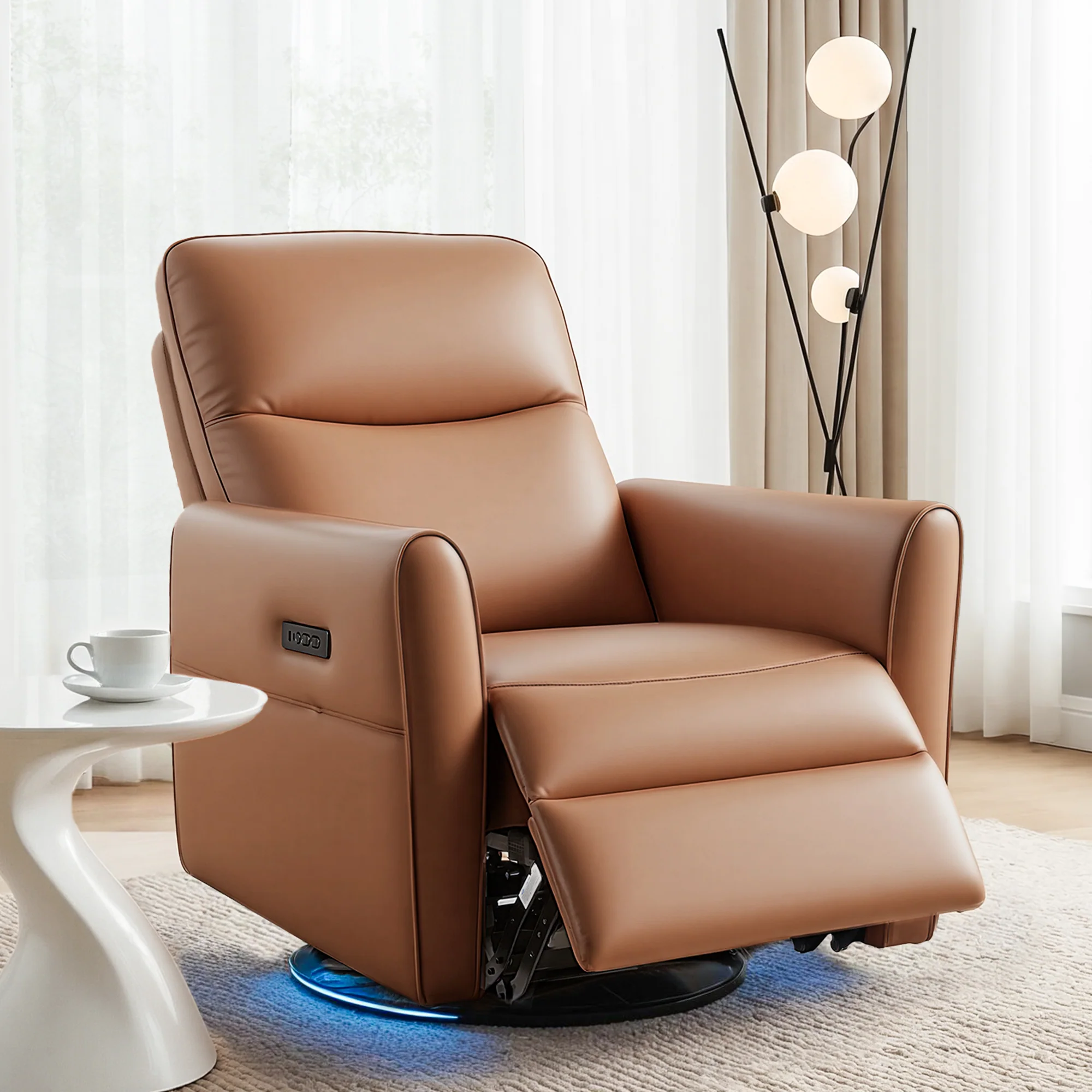 Artiss Swivel Recliner Chair PU Leather Rocking Reclining Sofa? with Charging Ports LED Brown