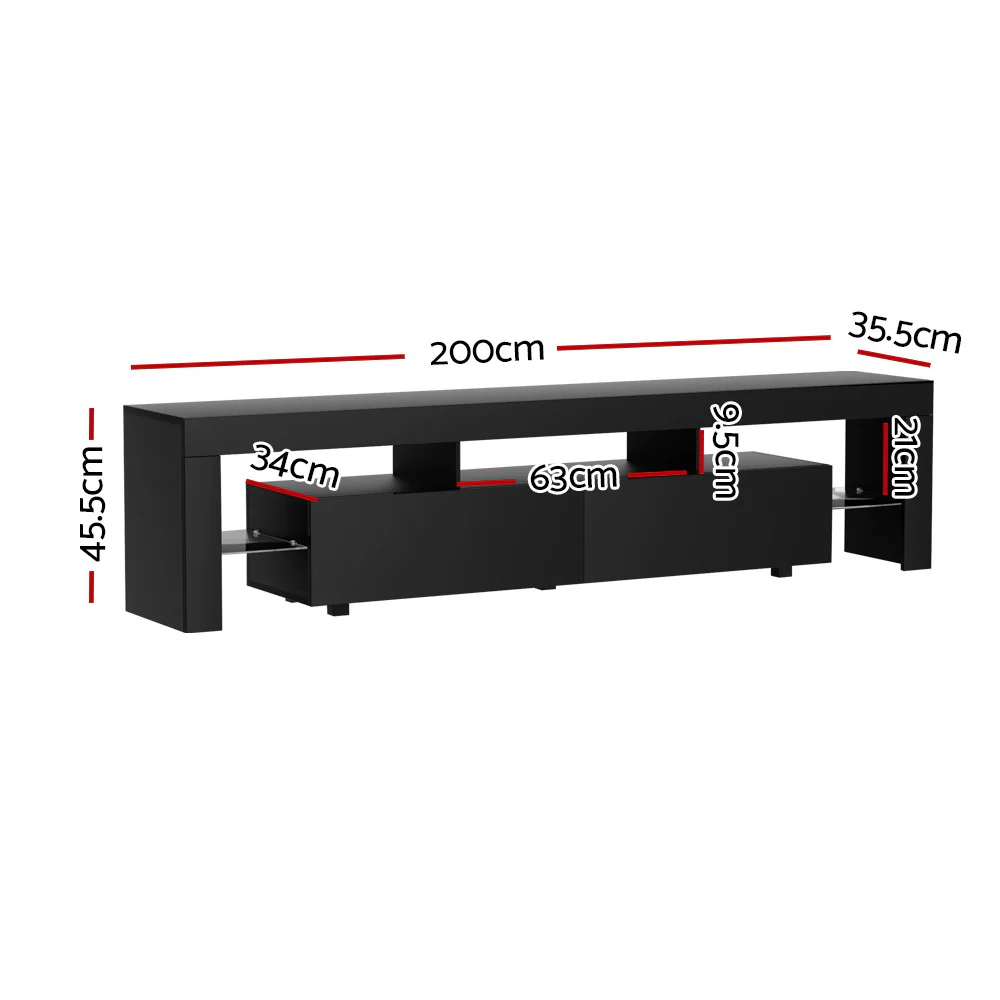Artiss TV Cabinet Entertainment Unit Stand RGB LED Gloss Furniture 200cm Black - Image 3