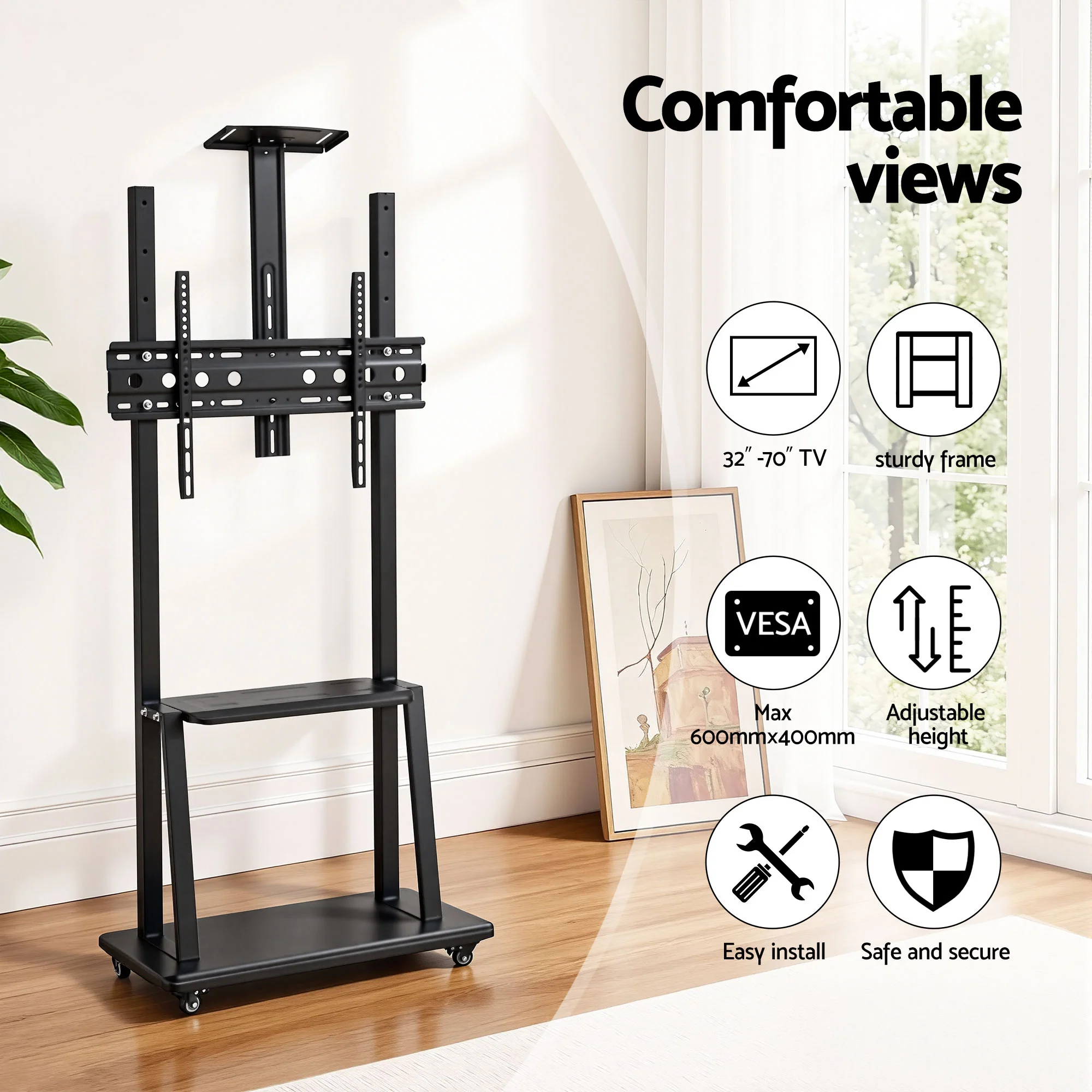 Artiss TV Stand  32-70 Universal Mobile Adjustable Height TV Stand with Wheels - Image 4